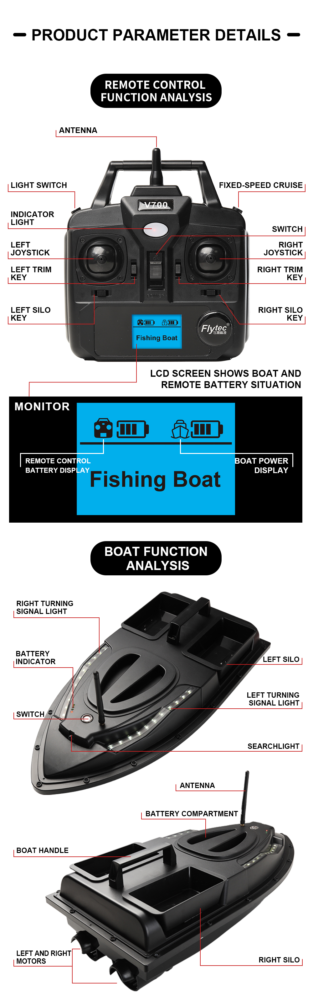 Flytec V700 Latest 500M Dual Hoppers Bait Boat With Cool Turning Light  Constant Speed Cruise Mode - iRctoy.com