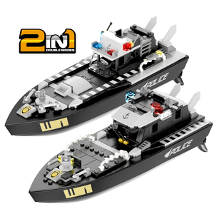 V103 2 In 1 15km/h RC Boat City Police Military Battleship Building Blocks Set Gift for Kids