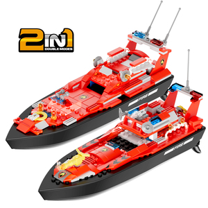 V102 CITY 2.4G Fire Rescue RC Boat Building Block Set, Fire Station STEM Firefighting Speedboat Toy